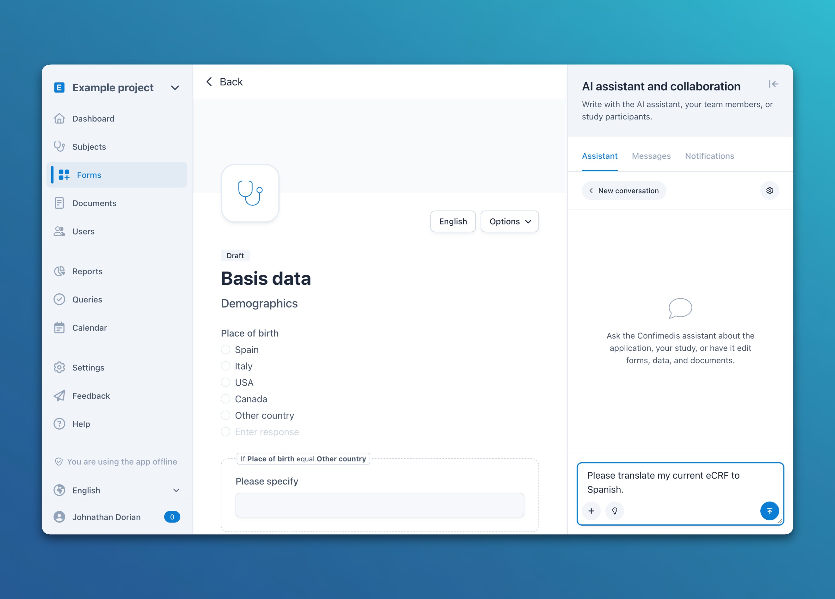 Screenshot of the form editor with the form "Basis data". In the side panel, a user asks the AI assistant to translate the current eCRF into Spanish.