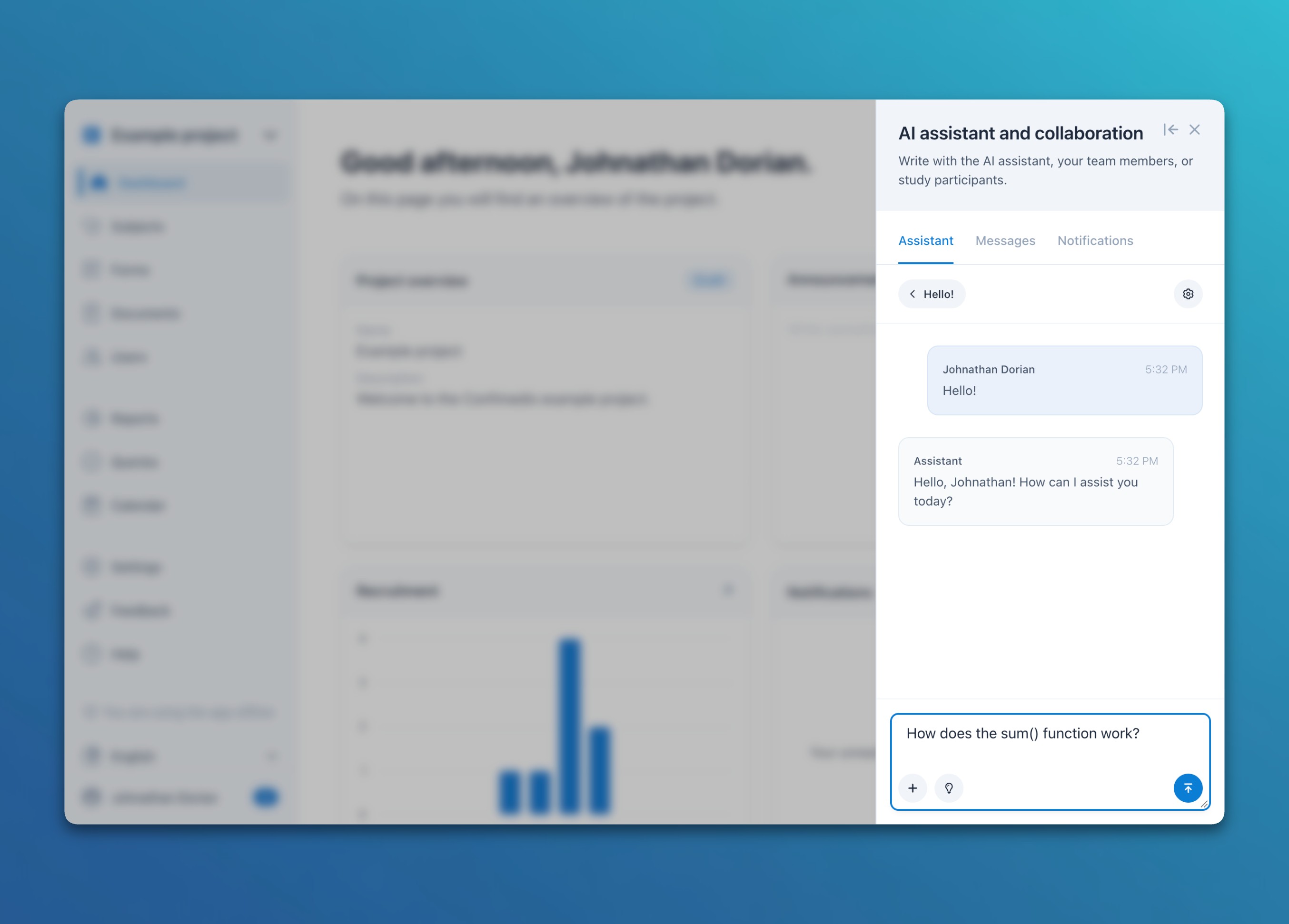 Screenshot of the Confimedis platform: in the "AI assistant and collaboration" side panel, a user greets the AI assistant and asks how the sum() function works.
